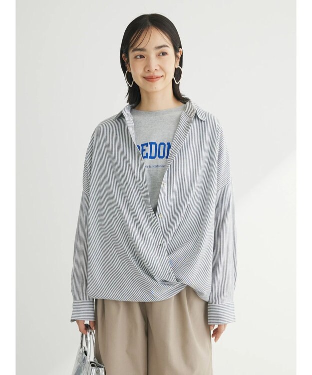 Green Parks リネンレーヨン２ｗａｙシャツ Stripe Black