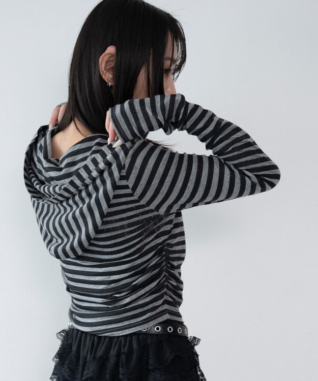 WEGO ヘンリーネックフードロンT グレーボーダー