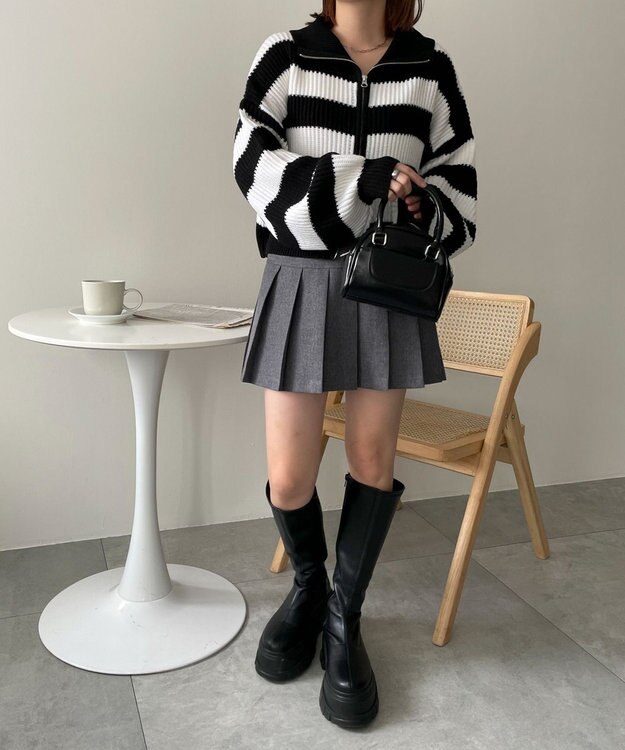 WEGO ダブルジップショートニットブルゾン ブラックボーダー