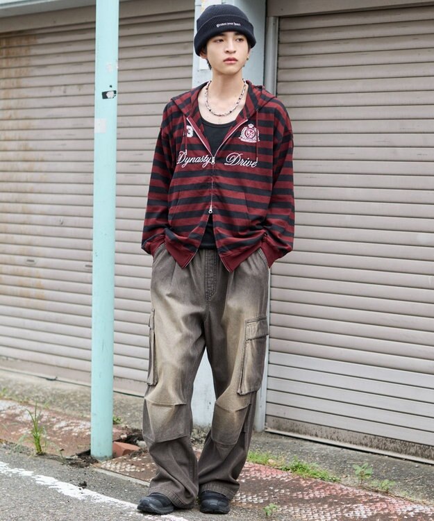 WEGO 【ユニセックスITEM/MLサイズ展開】ナンバリングカットZIPパーカー レッドボーダー