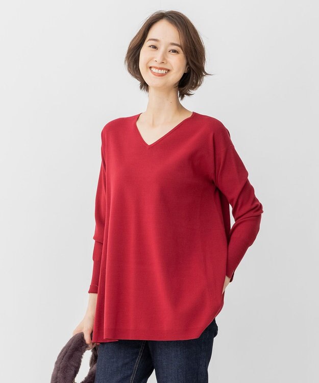 自由区 【洗える/セット可】レーヨンストレッチ Vネックニット ワイン系