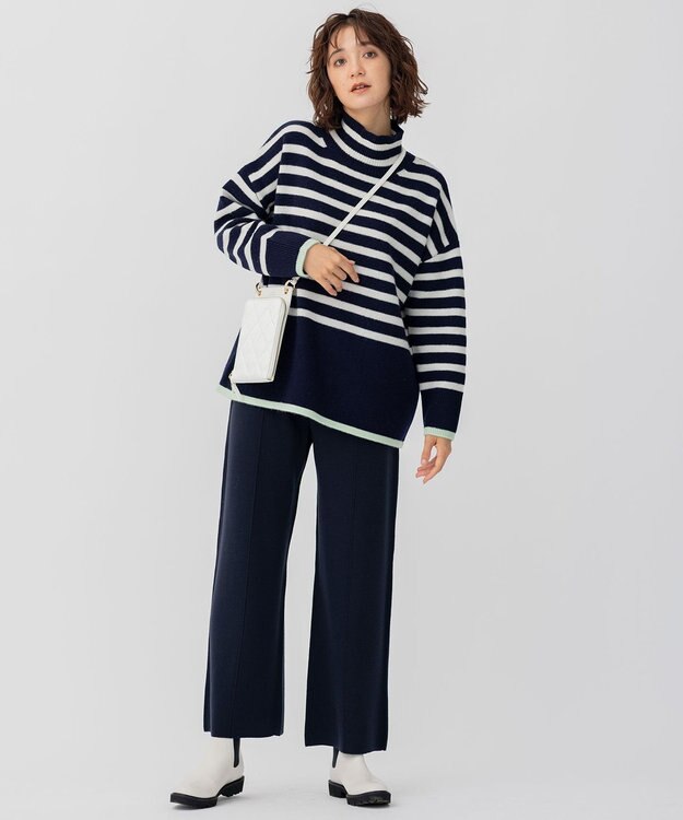 23区 【CLASSY.1月号掲載】ウールナイロン ボーダー ハイネック ニット ネイビーボーダー