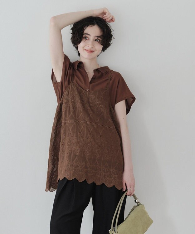 Green Parks ＳＥＴ２点刺しゅうキャミ＋シャツ Brown