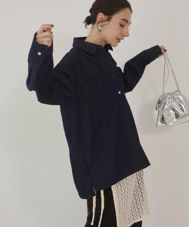 WEGO 【ANGIE VINTAGE】襟が選べる デニム プルオーバー シャツ（バンドカラー/レギュラー） Dブルー