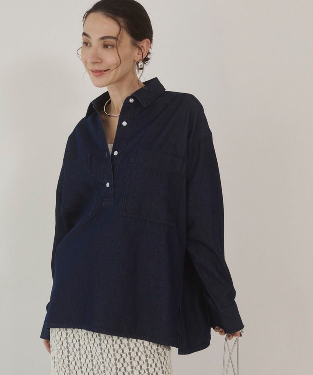 WEGO 【ANGIE VINTAGE】襟が選べる デニム プルオーバー シャツ（バンドカラー/レギュラー） Dブルー