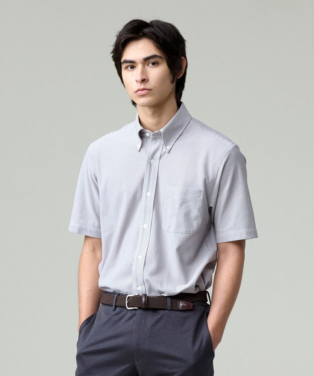 J.PRESS MEN 酷暑の清潔感もこれ一枚で【吸水速乾 / 抗菌防臭 / 防シワ】【J.PRESS OXFORD JERSEY】カノコインレイマイクロストライプ 半袖シャツ / B.D. グレー系1