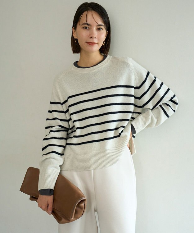 UNFILO カシミヤブレンド クルーネックニット グレーボーダー