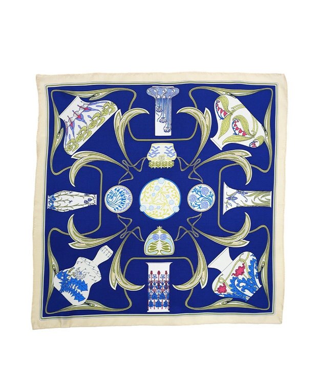 Marca ＜春の新色！＞【伝統横濱スカーフ】フラワーベースヌーヴォー  小判 シルクツイルスカーフ ブルー