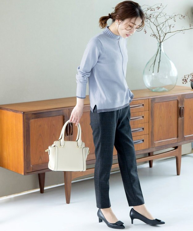 Tiaclasse L 【洗える】もっちり素材が肌触り抜群の配色ニットトップス サックス×ブルー