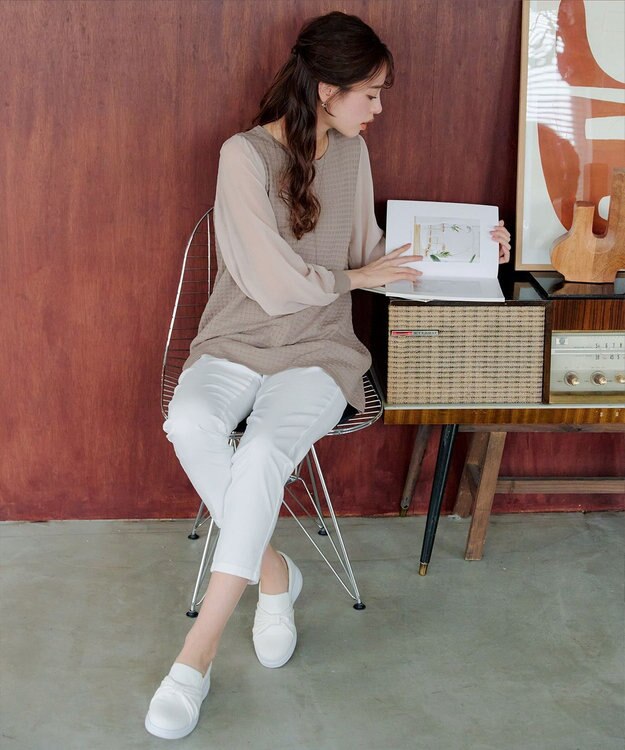 Tiaclasse L 【新色追加・洗える】シアーチェック柄ニットチュニック グレージュ