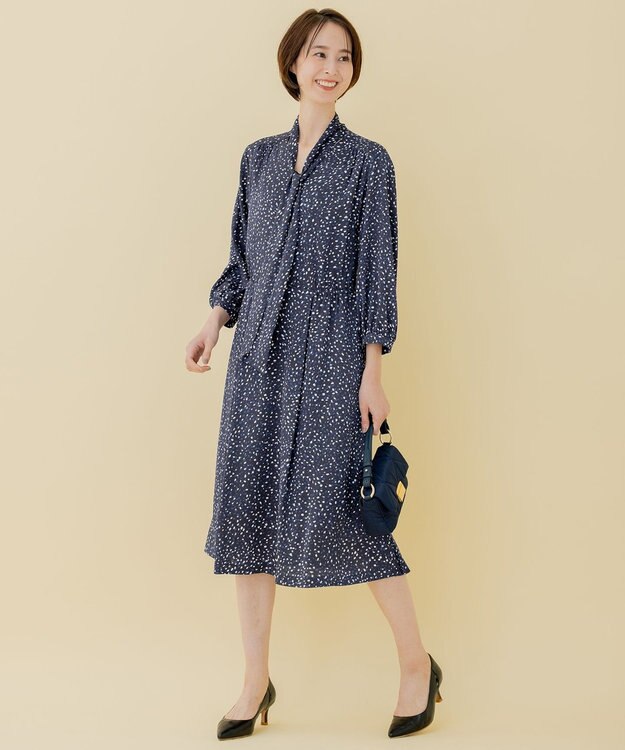 自由区 【XSサイズ～/洗える】フローイングドットプリント ワンピース ネイビー系5