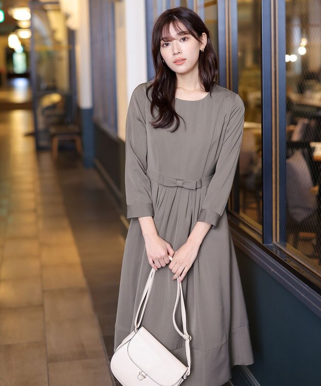 Tiaclasse 【洗える】  リボンギャザーフレアワンピース モカ