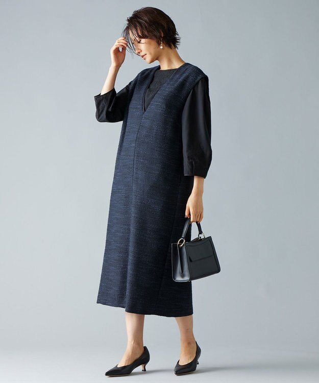 自由区 L 【洗える】エアリーツイード ジャンパースカート ミッドナイト