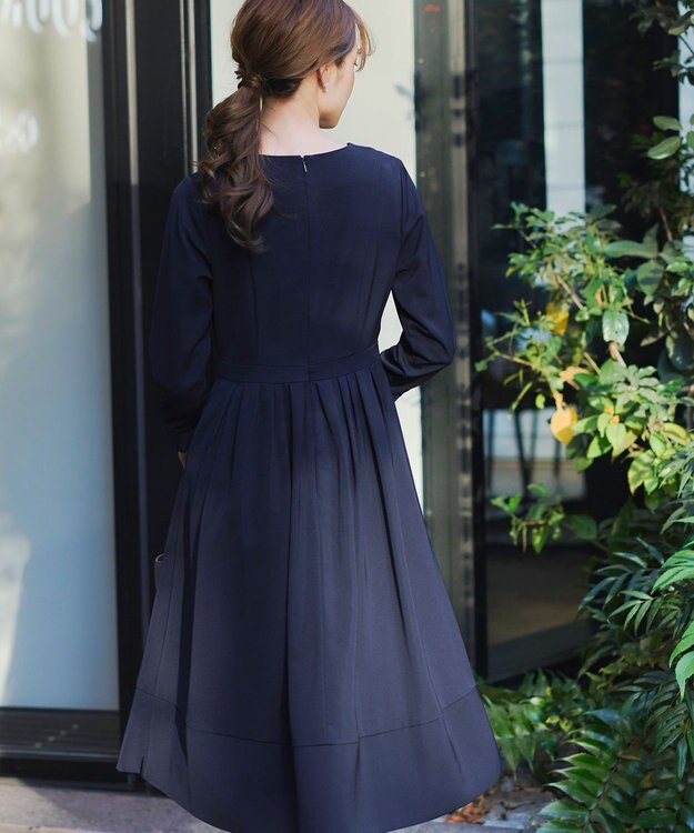 Tiaclasse 【洗える】  リボンギャザーフレアワンピース ネイビー