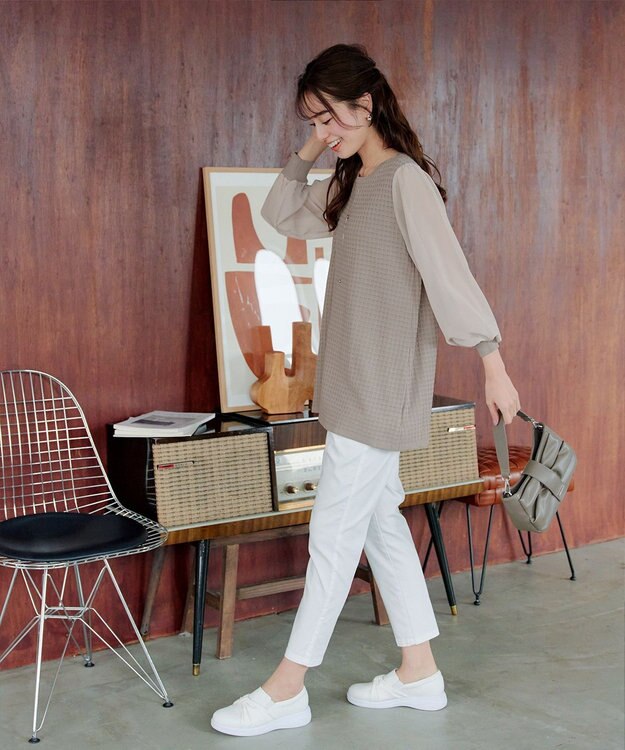 Tiaclasse L 【新色追加・洗える】シアーチェック柄ニットチュニック グレージュ