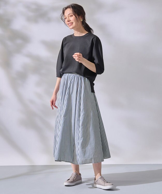 ANY 【ウエストゴム/ポケット付】シャンブレーライク フレアスカート ストライプ