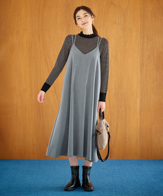 ANY L 【洗濯機可/吸湿発熱】フリルネックリブニット ブラック×モカボーダー