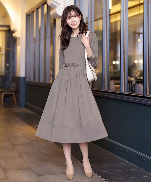 Tiaclasse 【洗える】  リボンギャザーフレアワンピース モカ