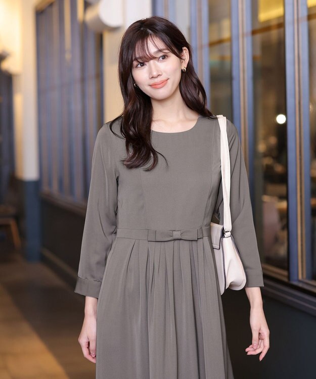 Tiaclasse 【洗える】  リボンギャザーフレアワンピース モカ