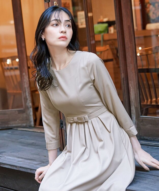 Tiaclasse 【洗える】  リボンギャザーフレアワンピース グレージュ