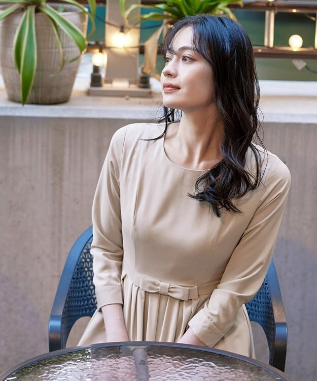 Tiaclasse 【洗える】  リボンギャザーフレアワンピース グレージュ