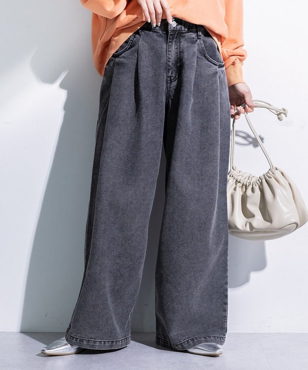 Green Parks デニムタックワイドパンツ Black