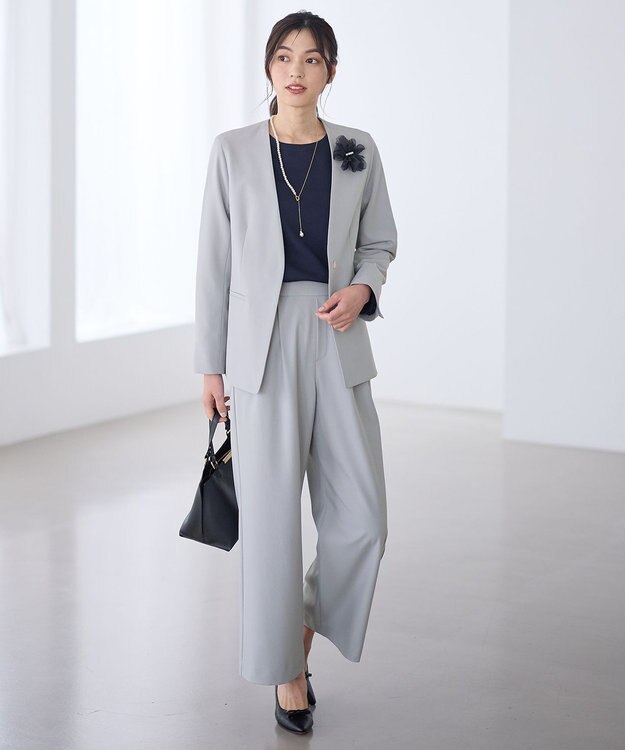 ANY L イージーケアライトストレッチノーカラージャケット ライトグレー