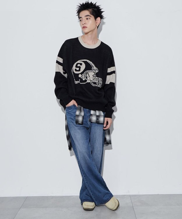 WEGO 【ユニセックス着用ITEM】ジャガードスリーブラインプルオーバー ブラック