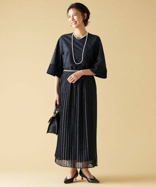 自由区 L 【セットアップ対応・ウエストゴム・洗える】ラッセルレース  スカート ネイビー系