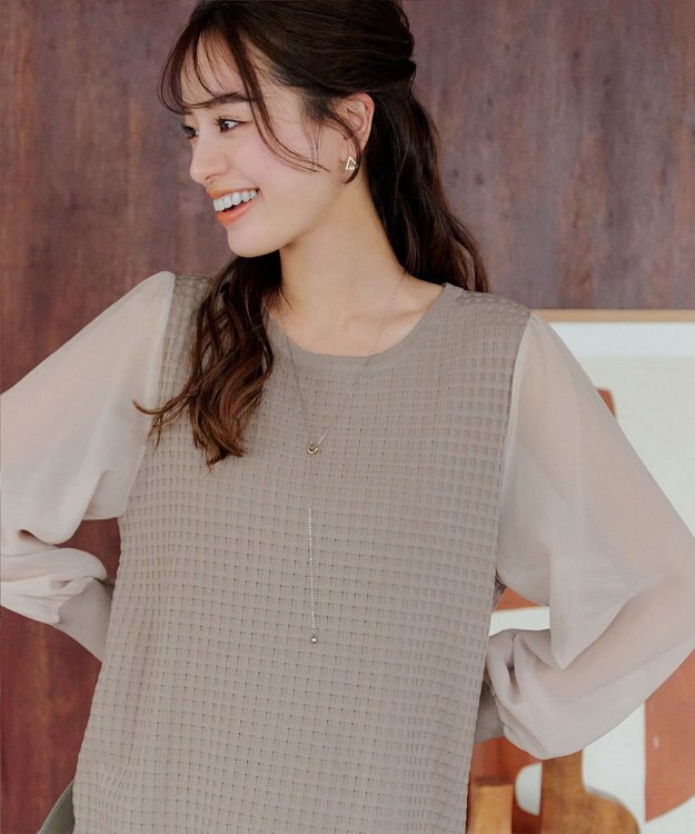 Tiaclasse L 【新色追加・洗える】シアーチェック柄ニットチュニック グレージュ