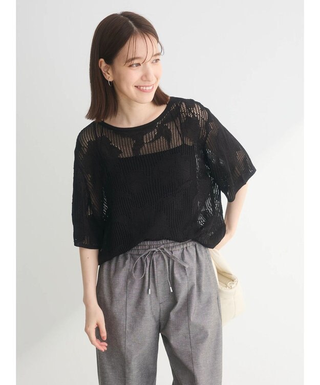 Green Parks 花柄メッシュニットプルオーバー Black