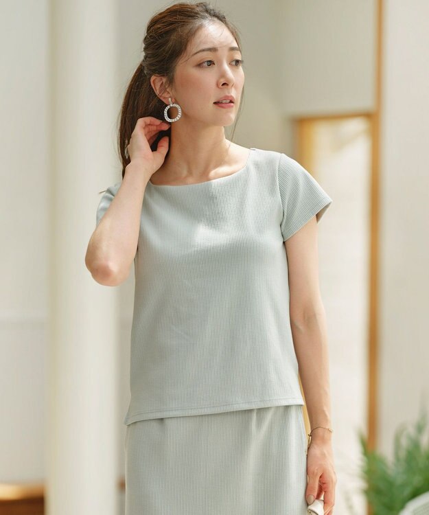 組曲 L 【WEB限定】ストライプジャガード カップ付きTシャツ クリームミント系