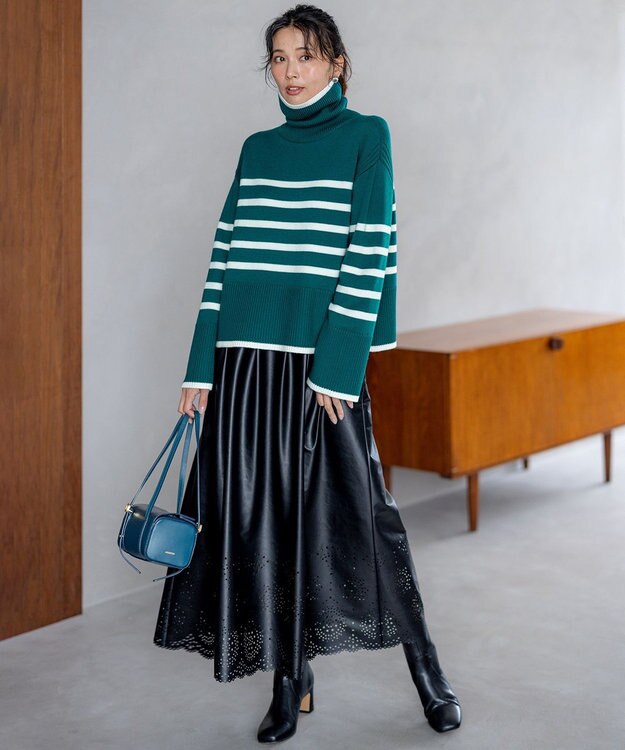 23区 【洗える】ウールミドルゲージ ボーダー ニット ピーコック×オフボーダー