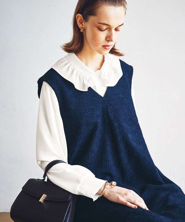 組曲 ファンシーツイード Vネックジャンスカ ネイビー系