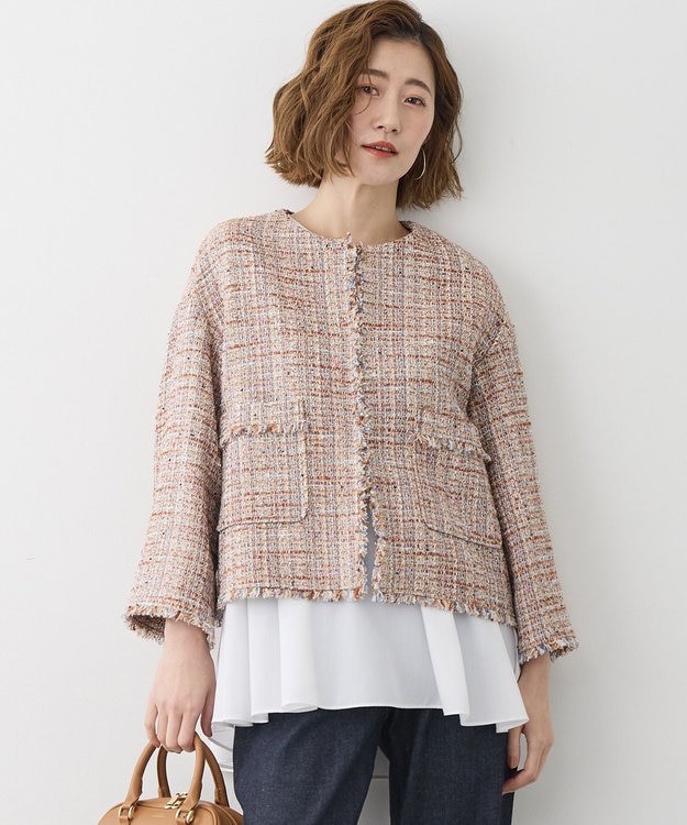 23区 GIOLICAツイード ノーカラー ジャケット テラコッタミックス