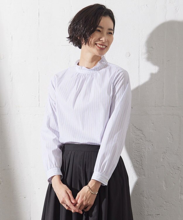 J.PRESS LADIES 【洗える】BEZ VEGA ストライプ フリルネック ブラウス ホワイト系1