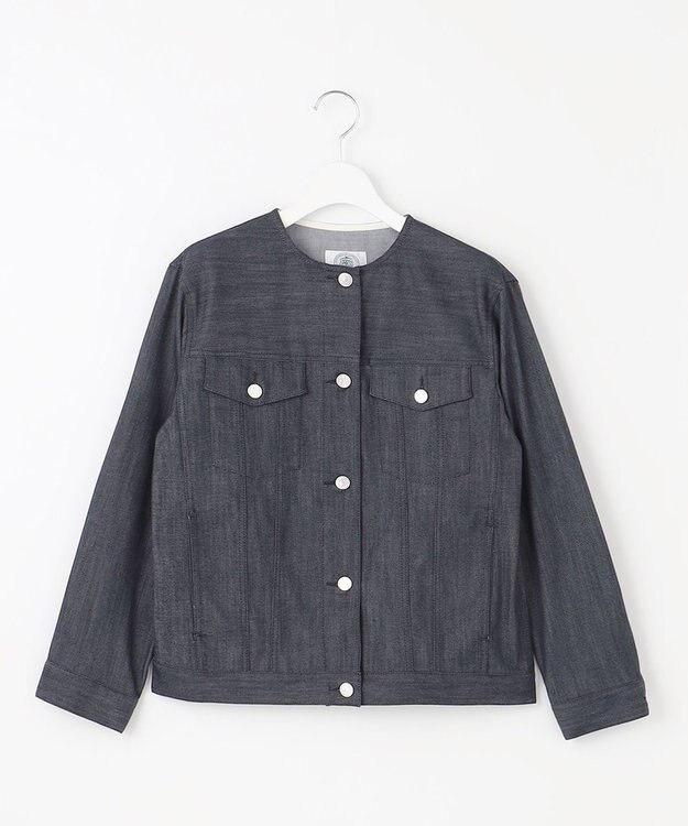 J.PRESS LADIES 【洗える】セルロースシャンブレー ノーカラー デニム ジャケット ネイビー系