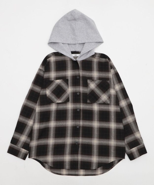 WEGO 裏毛フードチェックシャツ ブラウンチェック1