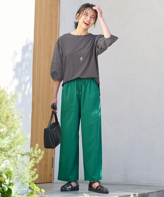 ANY 【ウエストゴム/UVケア/接触冷感】清涼リラックスワイドパンツ グリーン