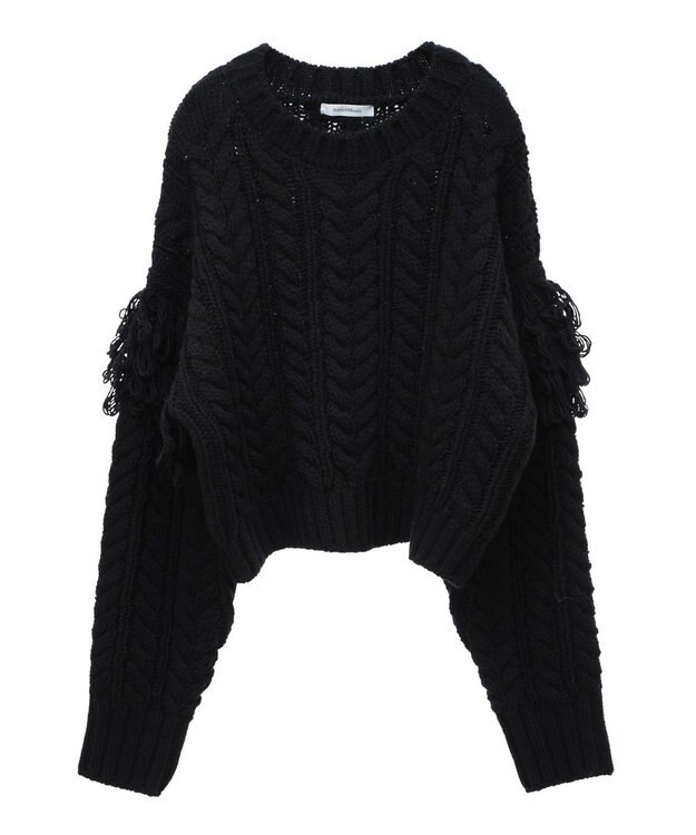 Green Parks フリンジスリーブショート丈ケーブルニット Black