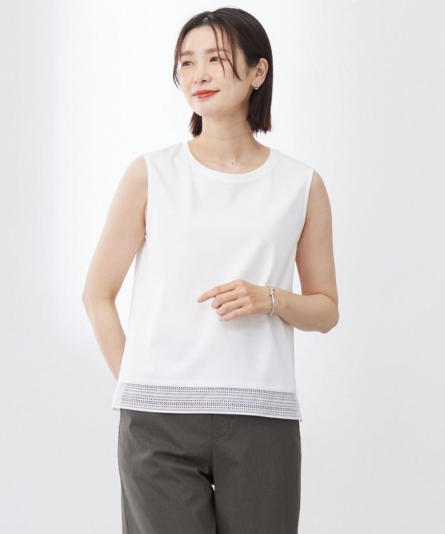 J.PRESS LADIES L 【人気のため追加・洗える】ノースリーブスムースジャージー レース カットソー ホワイト系