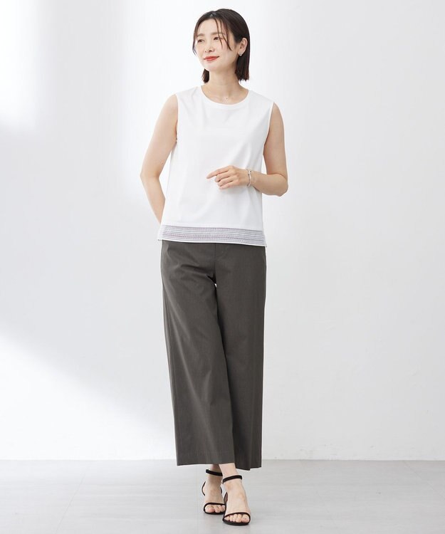 J.PRESS LADIES L 【人気のため追加・洗える】ノースリーブスムースジャージー レース カットソー ホワイト系