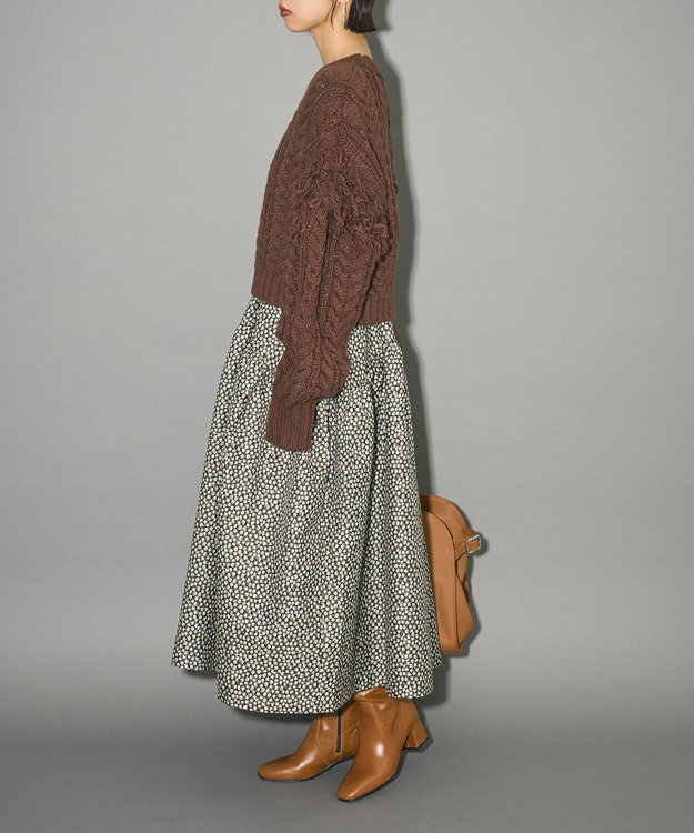 Green Parks フリンジスリーブショート丈ケーブルニット Dark Brown