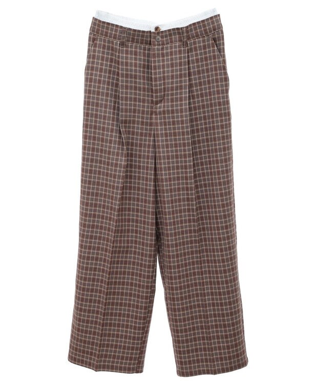 earth music&ecology ダブルウエストデザインパンツ Check Brown