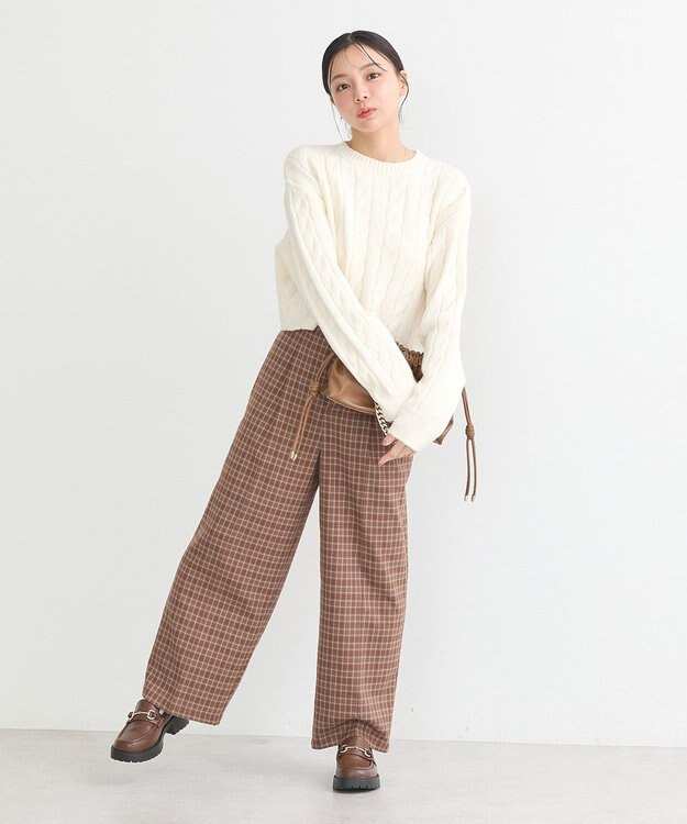 earth music&ecology ダブルウエストデザインパンツ Check Brown