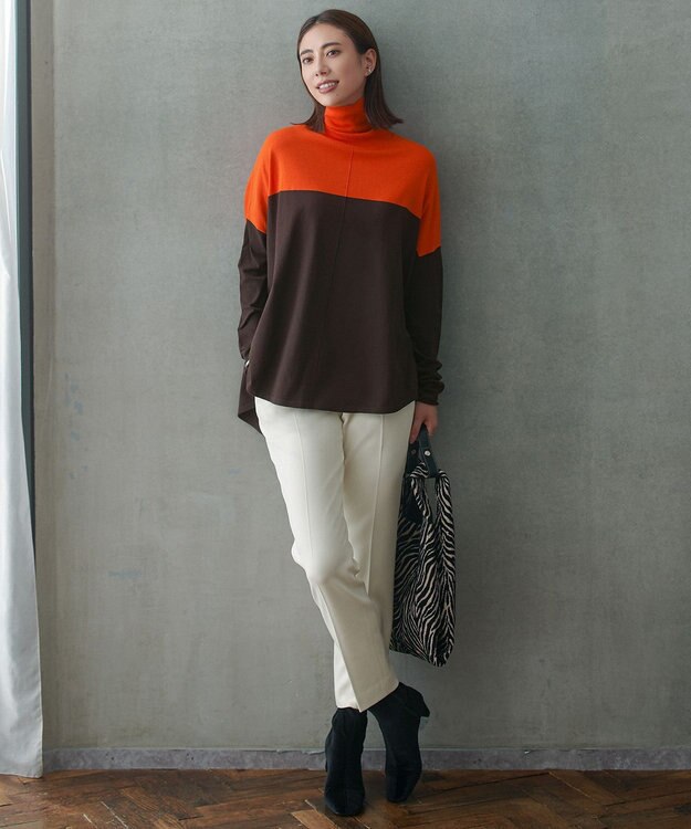 ICB L 【新色追加・WEB限定カラーあり】 ヴィスコースワイド タートルネックプルオーバー オレンジ×ブラウン