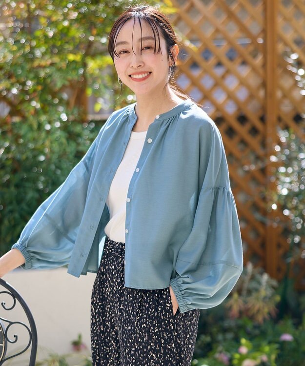 ANY シアーテックリネンギャザーブラウス ブルー