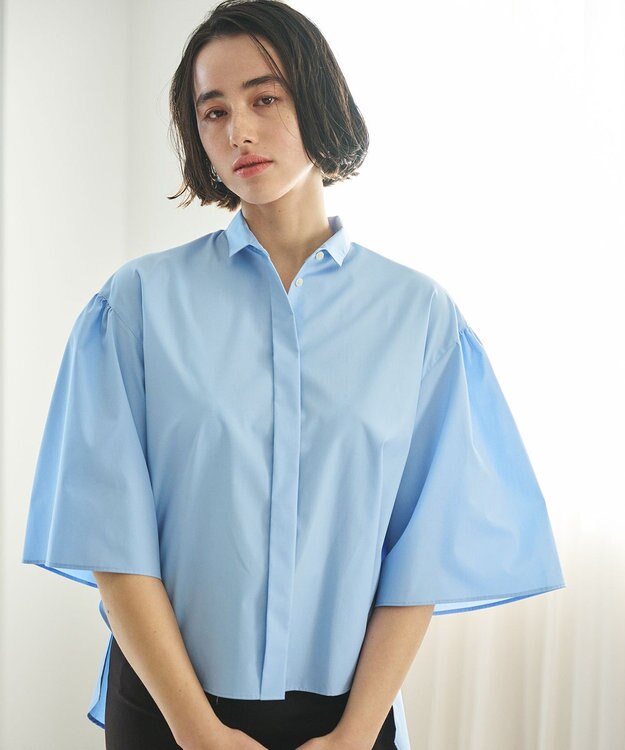 #Newans 【洗濯機可能/シワになりにくい】〈お尻・太ももをカバー〉フレアスリーブイタリアンカラーシャツ ブラック