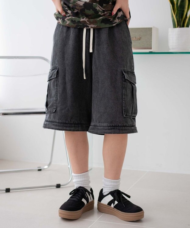 WEGO 【ウエストゴム/2WAY】2WAYデニムカーゴパンツ デニムブラック