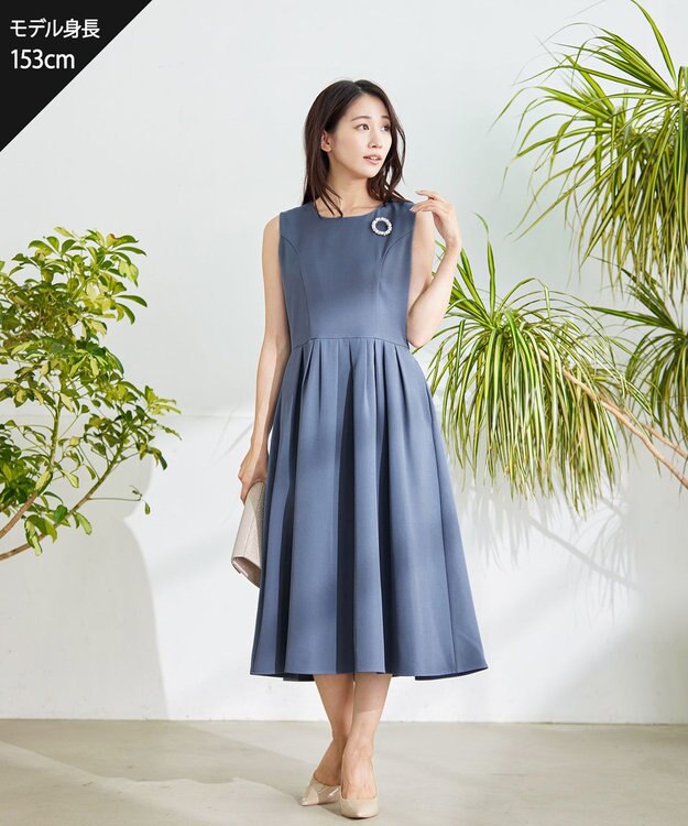Tiaclasse 【洗える】タックフレアワンピース ブルー
